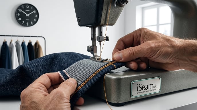 Master tailor performing professional raw denim hemming on a vintage machine.